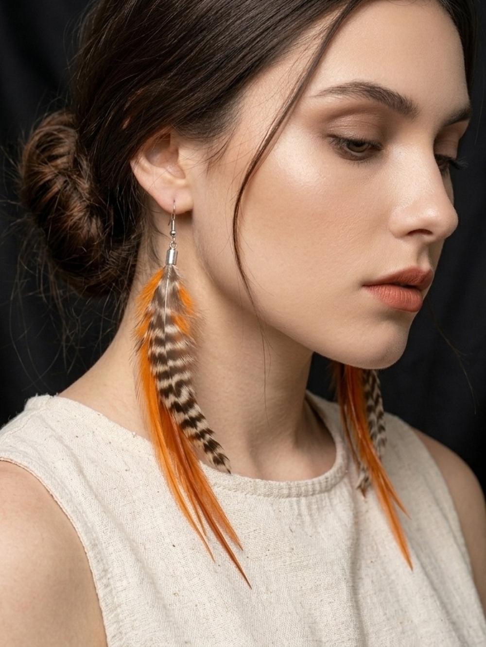 Handmade Orange 6” Natural Feather Statement Earrings Bohemian Western